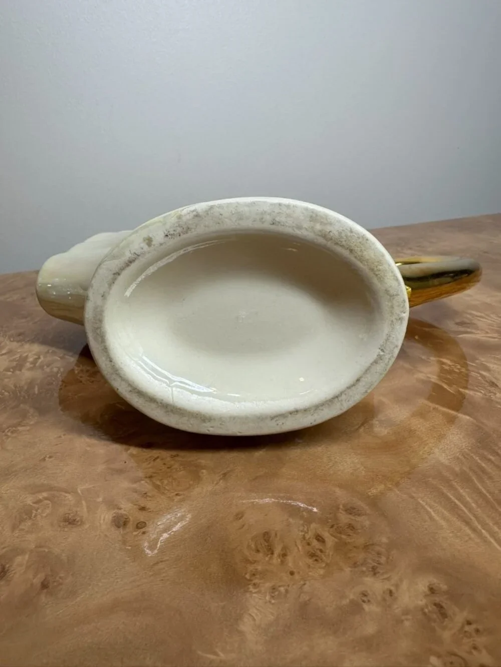 Vintage Lustreware Cornucopia Gravy Boat Swan Handle 22K Gold Trim Iridescent